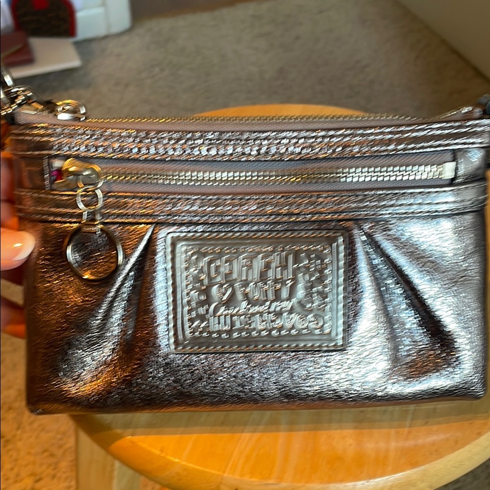 Coach Poppy Metallic Wristlet with Leopard Print Lining